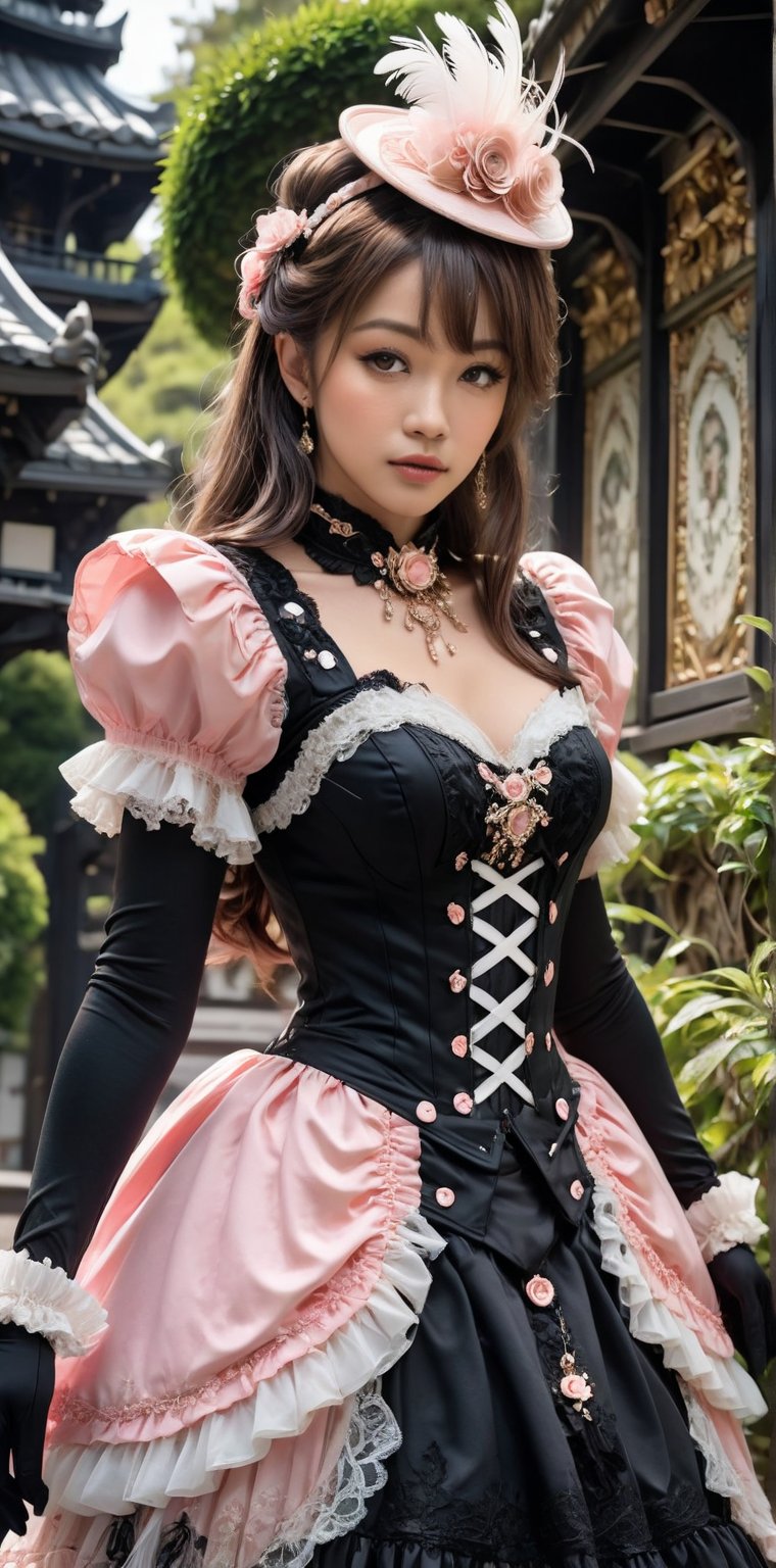 A girl in a vibrant, Baroque-inspired Harajuku Lolita ensemble, embracing an emo theme. She sits majestically, surrounded by lush greenery, with a whimsical, ornate background that complements her dress's intricate lace, pink ruffles, and embroidery. Velvet ribbons adorn the bodice, while ornate buttons and brooches embellish the voluminous skirt, featuring layers of tulle and lace. Her gaze is captivating, as she wears lace gloves, a cameo choker, and a mini top hat adorned with feathers.,Japanese style.,angelawhite,LAURA