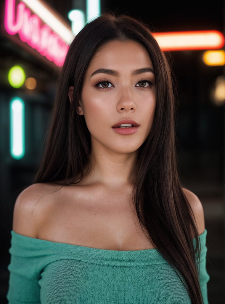  A stunning young woman with long, flowing brown hair and straight bangs stands amidst vibrant neon lights. She wears a red off-shoulder, ruched dress, which contrasts beautifully with the blue and red neon glow around her. The background features blurred neon signs, creating a colorful and dynamic urban setting. The soft neon light casts a subtle, colorful glow on her face, enhancing her calm yet intense expression. The photograph is taken with a shallow depth of field, focusing on her face while the background remains softly blurred. Reflections of the neon lights add depth and layers to the scene, creating a visually striking image that blends urban energy with serene beauty. ((magazine cover)), 1girl, solo, long hair, brown hair, (beautiful and aesthetic:1.2), stylish pose, dreamy expression, neon lights, vibrant colors, urban setting, shallow depth of field, reflections, ruched dress, contrasting colors, soft glow, dynamic scene,angelawhite