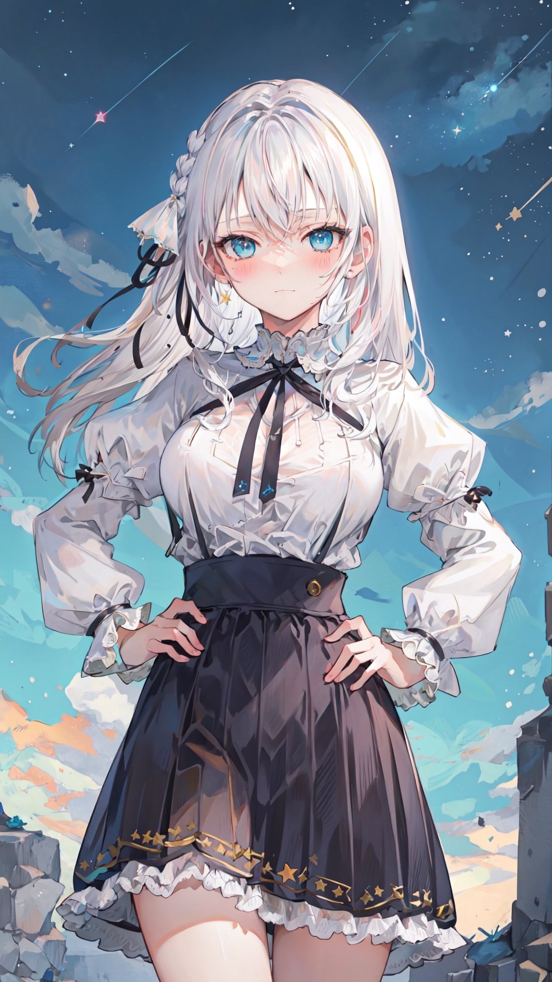 best quality, (masterpiece:1.2), highly detailed, outdoors, night, star (sky),
1girl, solo, standing, slight smile, blush, large breasts, looking at viewer,
white hair, long hair, blue eyes, white shirt, black ribbon, frills, long sleeves, black skirt, #WHITE HAIR, hair ribbon, hand on hip