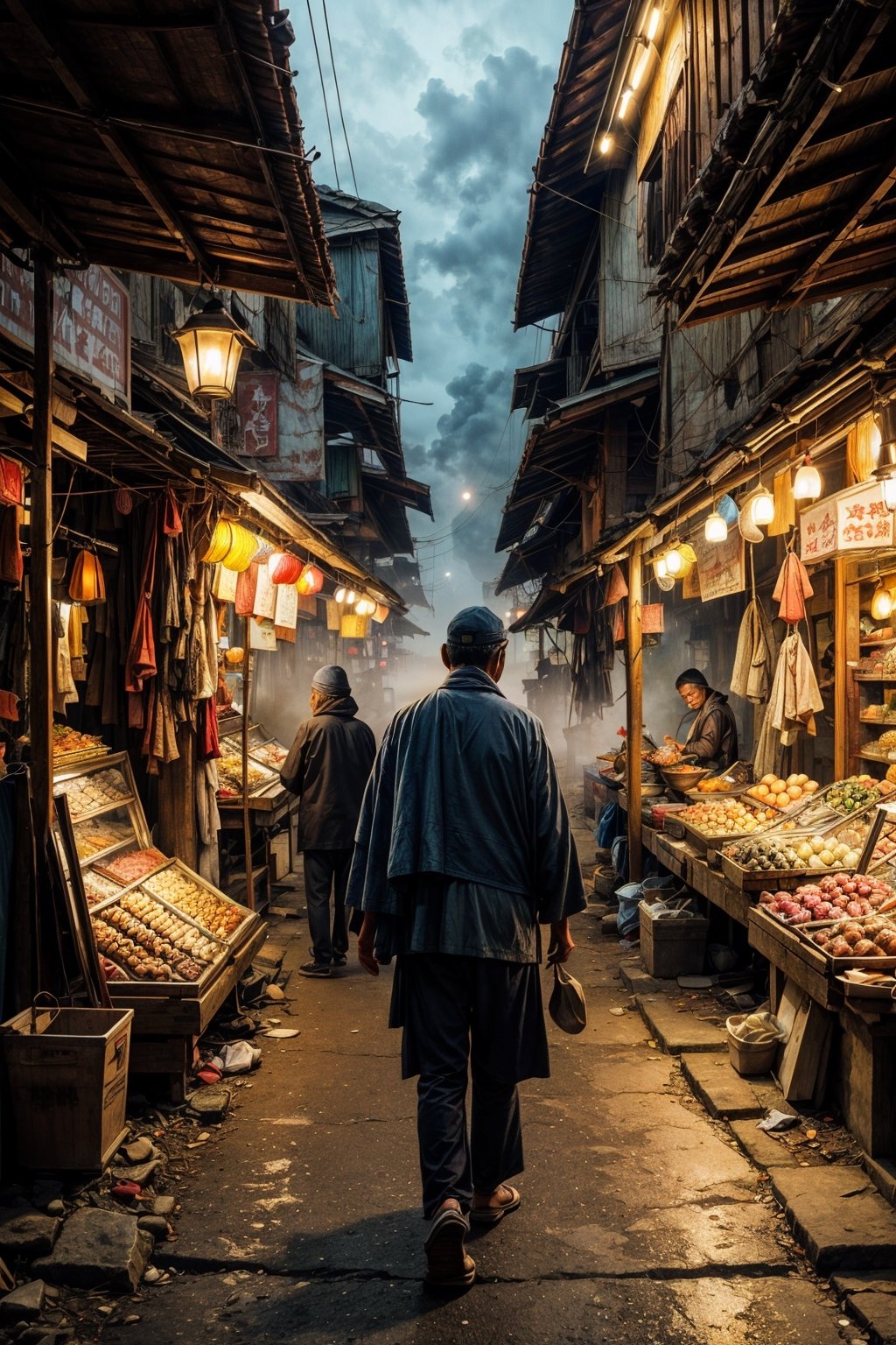 Street Vendor in the style of gauzy atmospheric landscapes, traditional Indonesian market atmosphere, misty, foggy, moody, blue hour 