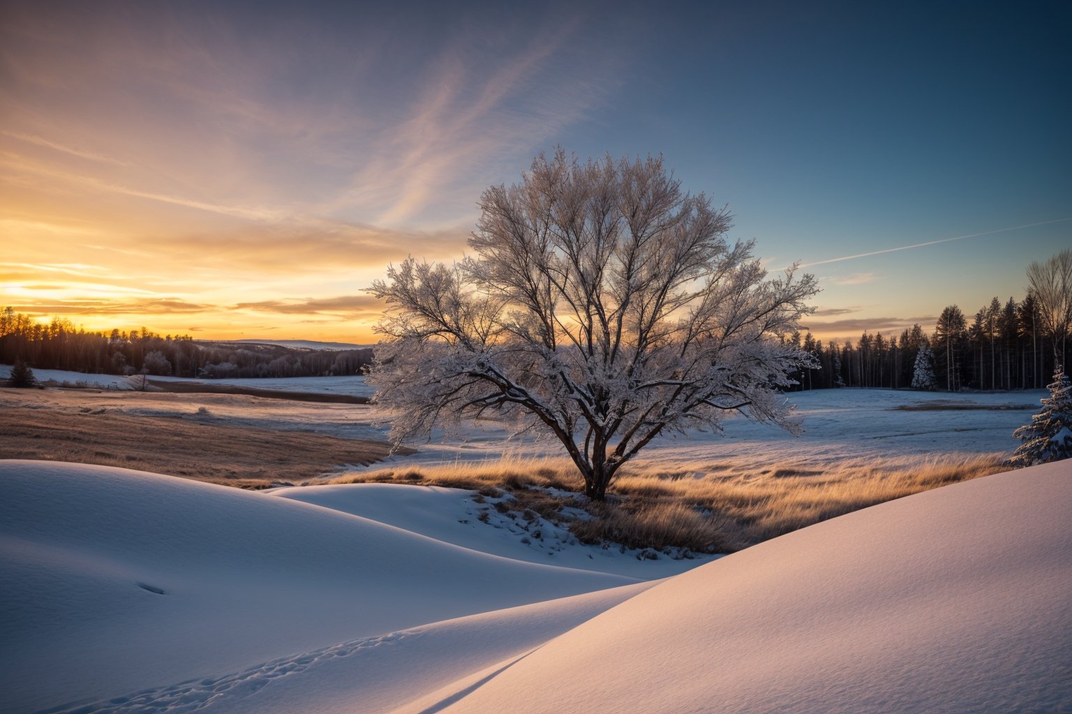 An ultra-realistic cinematic photograph of wildlife meadow as a winter scenery, exquisite detail, 30-megapixel, 8k, 85-mm-lens, sharp-focus, intricately-detailed, long exposure time, f/8, ISO 100, shutter-speed 1/125, diffuse-back-lighting, award-winning photograph, monovisions, elle, small-catchlight, low-contrast, high-sharpness, depth-of-field, golden-hour, ultra-detailed photography, Chromatic aberration lens, Shallow depth of field, HDR