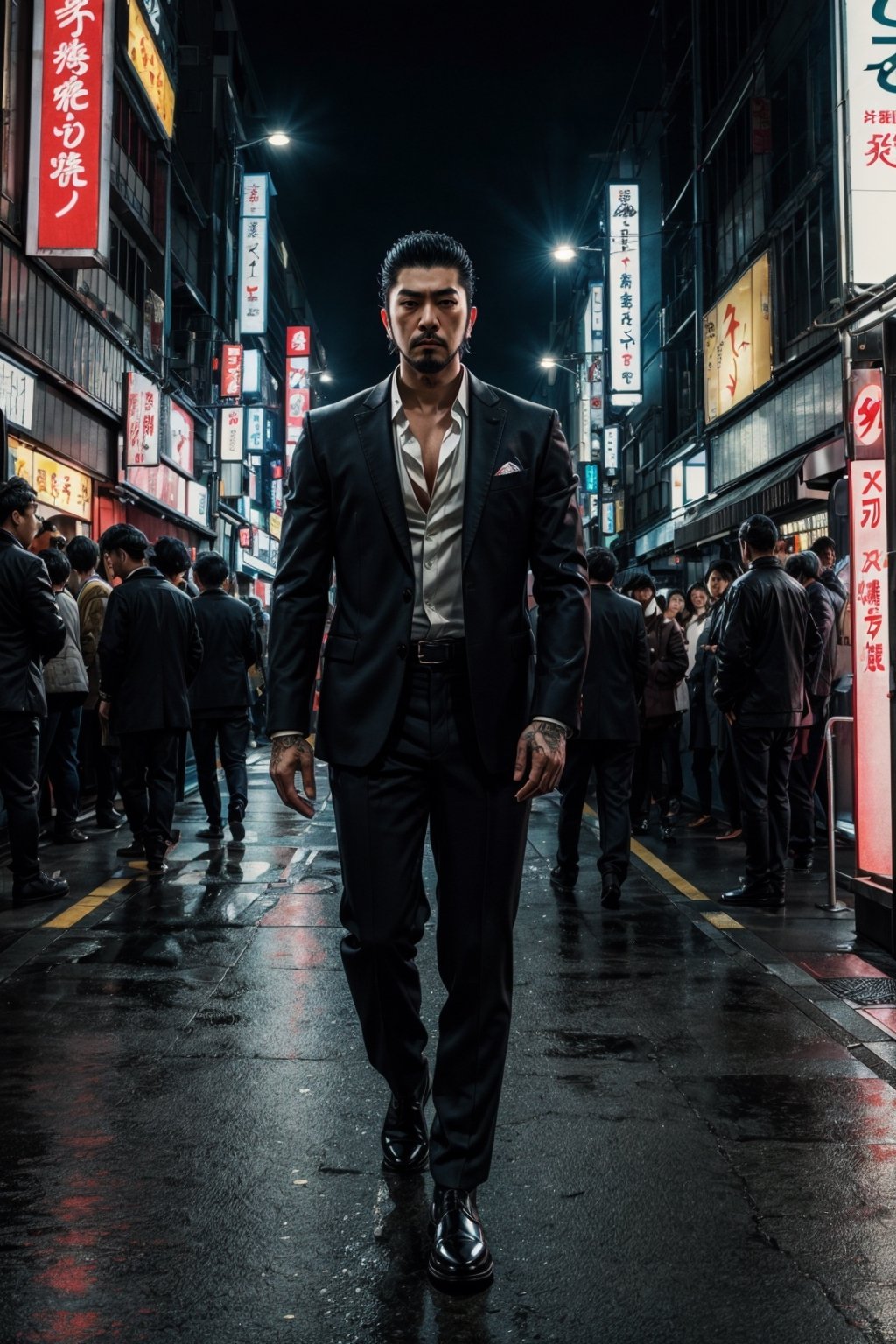 Full body portrait of handsome yakuza standing in the middle street of Shinjuku, facial hair, wearing black suite, neon light, shallow depth-of-field, wide angle shot, cinematic, masterpiece, best quality, high resolution, yofukashi background