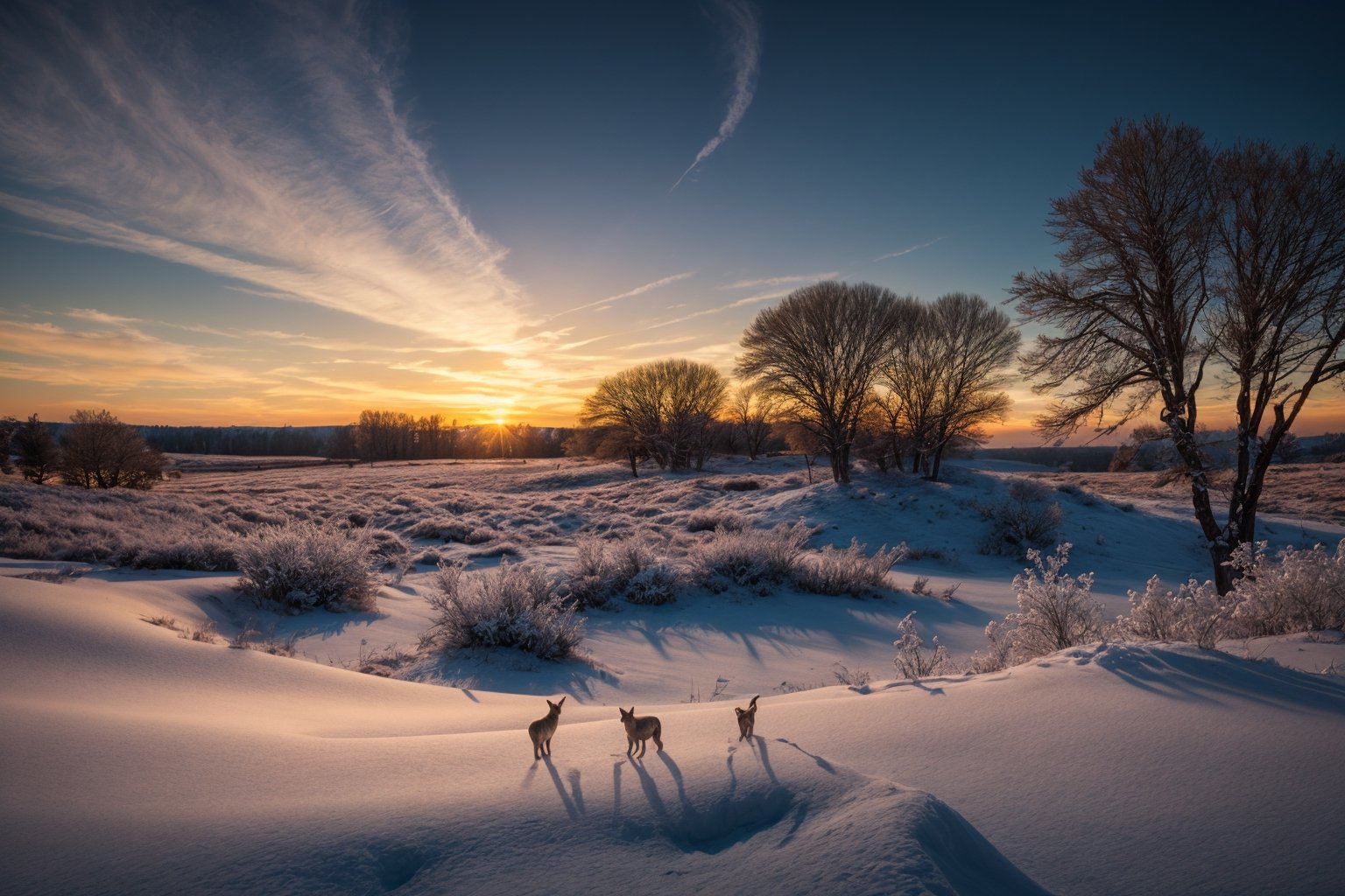 An ultra-realistic cinematic photograph of wildlife in meadow as a winter scenery, exquisite detail, 30-megapixel, 8k, 85-mm-lens, sharp-focus, intricately-detailed, long exposure time, f/8, ISO 100, shutter-speed 1/125, diffuse-back-lighting, award-winning photograph, monovisions, elle, small-catchlight, low-contrast, high-sharpness, depth-of-field, golden-hour, ultra-detailed photography, Chromatic aberration lens, Shallow depth of field, HDR