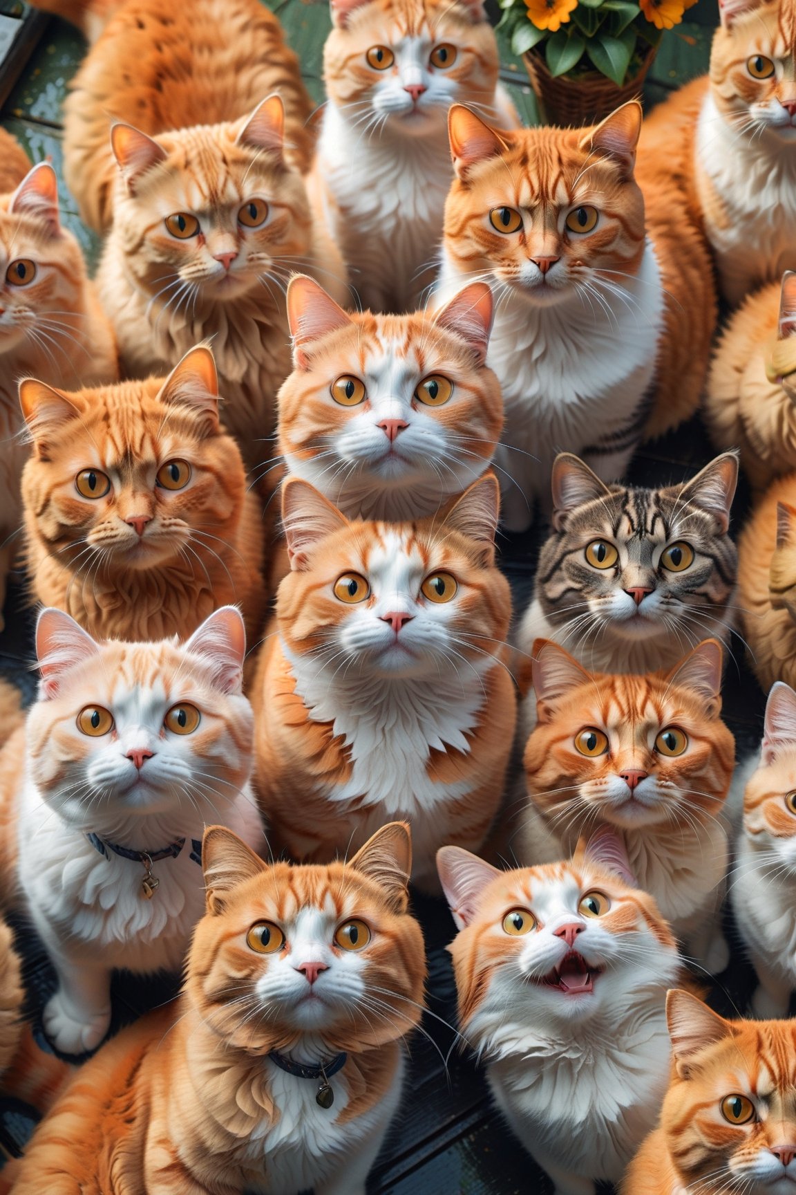 Cat take a selfie with other cats, orange cat, epic background, masterpiece, best quality, high resolution, ((isometric))