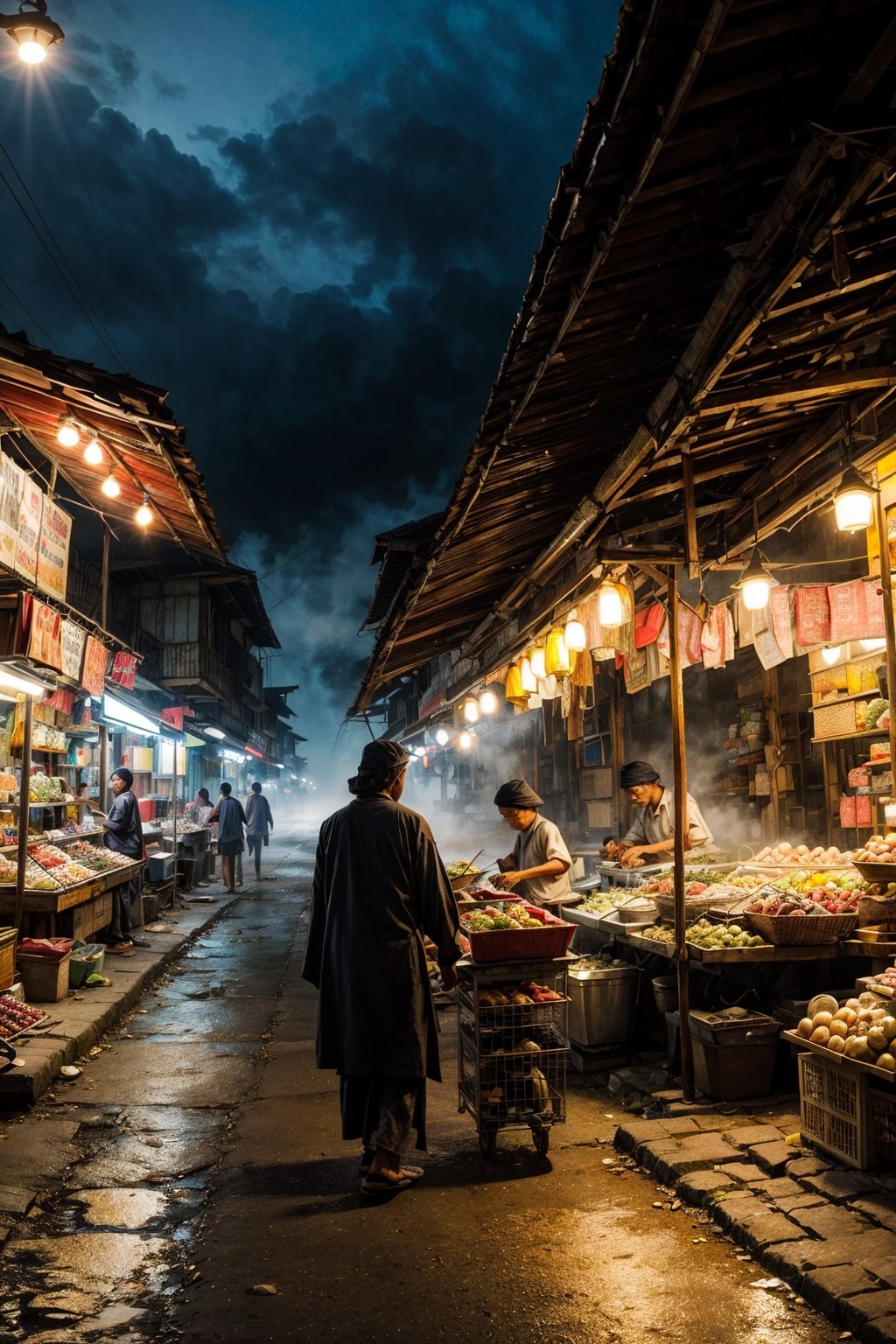 Street Vendor in the style of gauzy atmospheric landscapes, traditional Indonesian market atmosphere, misty, foggy, moody, blue hour 