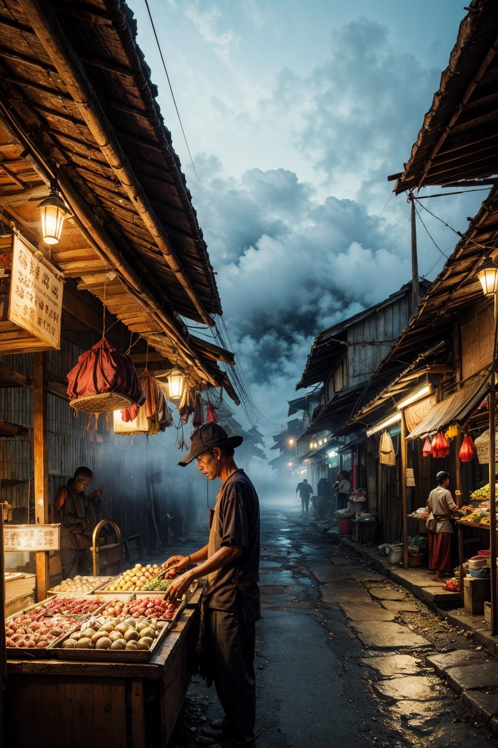 Street Vendor in the style of gauzy atmospheric landscapes, traditional Indonesian market atmosphere, misty, foggy, moody, blue hour 