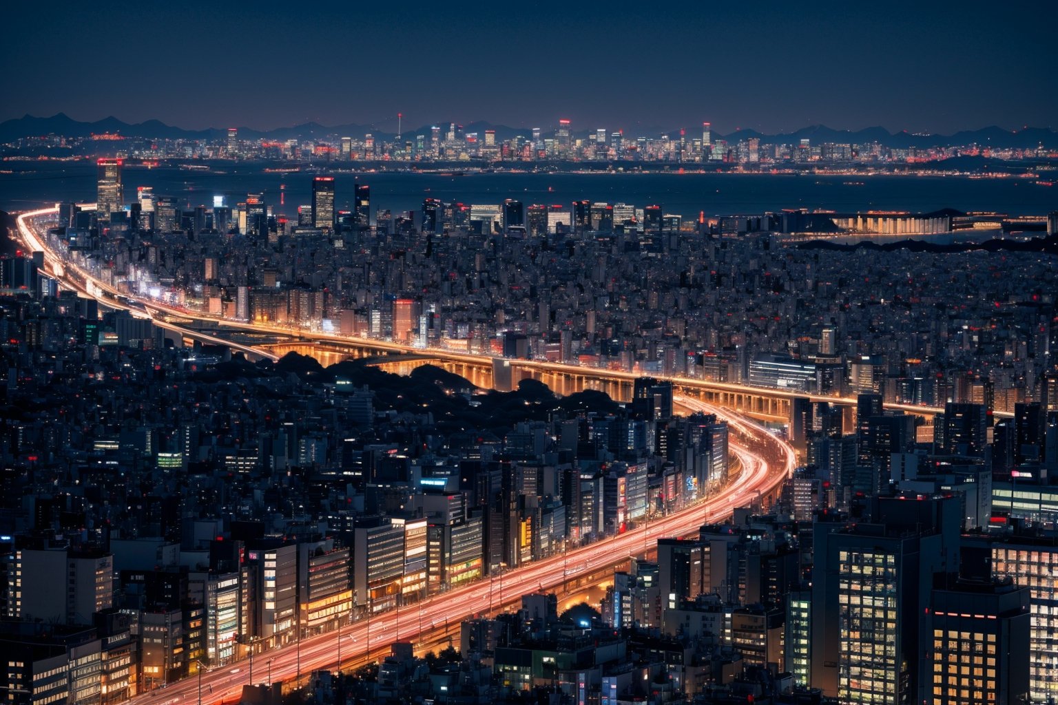 Crisp evening over Tokyo: High-rise buildings silhouette against a twilight sky, their lights beginning to twinkle. Iconic landmarks like Tokyo Tower stand out, while moving trains and bustling streets below hint at the city's ever-present energy. The skyline is a harmonious blend of modernity and tradition, reflecting Tokyo's unique character. Night scene.