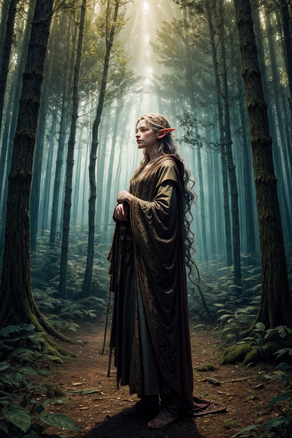 A fantastical portrait of a mythical creature, half-human and half-elf, standing in a mythical forest. The art form is digital illustration, taking inspiration from the works of Brian Froud. The scene is filled with magical elements, like floating orbs and glowing flora. The color temperature is a mix of warm and cool hues, enhancing the sense of wonder. The facial expression reflects the creature’s mystical nature, with a hint of mystery. The lighting creates a magical ambiance, casting intricate patterns of light and shadow on the forest floor. The atmosphere is enchanting and filled with ancient secrets.