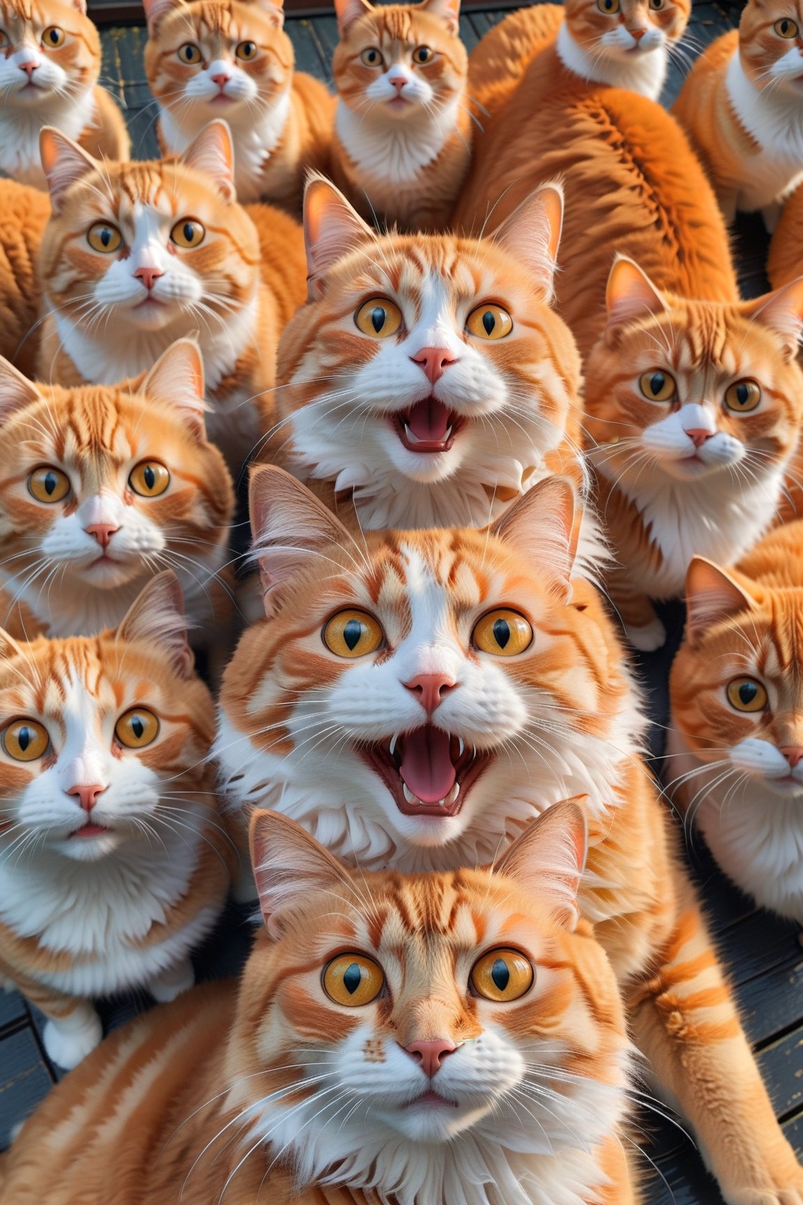 Cat take a selfie with family, orange cat, epic background, masterpiece, best quality, high resolution, ((isometric))
