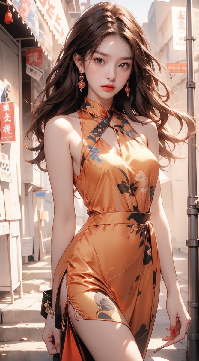 1girl, solo, long hair, looking at viewer,brown hair,  bare shoulders, brown eyes, jewelry, standing, thighs, earrings, outdoors, parted lips, sleeveless, halterneck, chinese clothes, short dress,