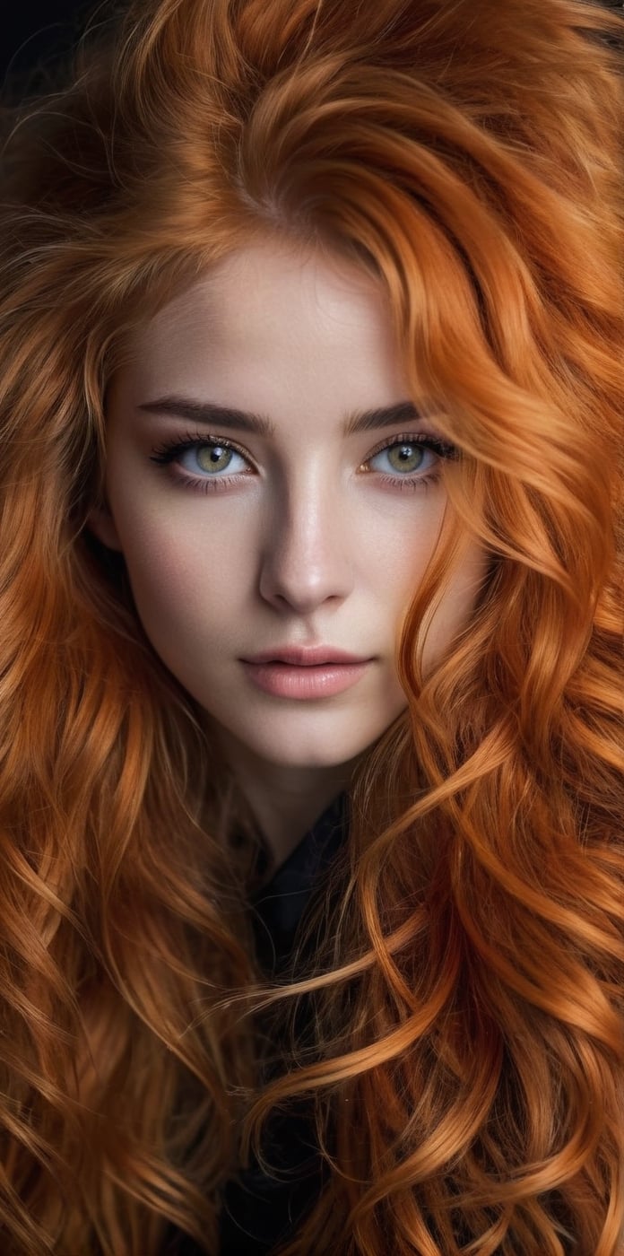 masterpiece, highly detailed image of a  girl with light gray eyes, Light orange long frizzy hair, punk hairstyle, sweet and shy expression, little smile, cozy lighting, very dark background,  portrait, unusual composition, use of negative space, spectral, close-up, detailed eyes, detailed mouth,LegendDarkFantasy