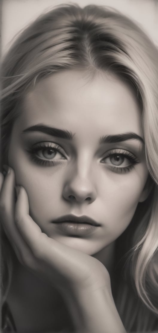 Create a monochrome portrait of beautiful sad blonde girl .close up hair covering eye, dark make up, nostalgic picture,Realism,pinhole photography,DonM4lbum1n, full face view,