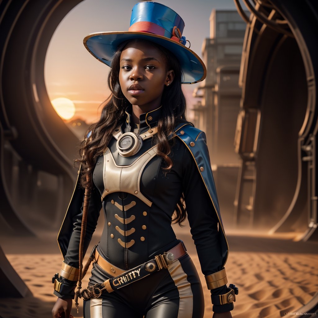 Cute african girl age 14 in futuristic suit, hatter hat, musical instrument, portrait, photograpgy, cibematic lighting, sunset, vibrant, insane, creavity, milky hue,8k, ultra realistic detail, ((flat color background))