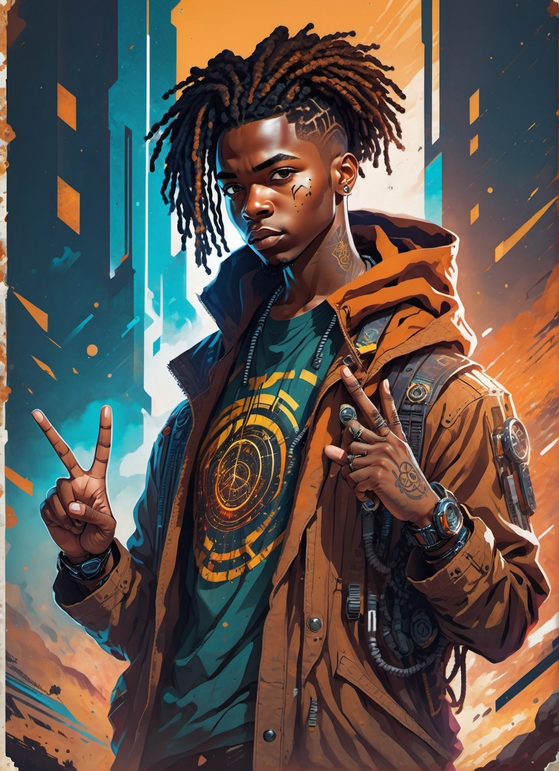 African Nigerian youthful man looking hopeful gearing up for cosmic battle in a sci-fi tech suit,dreadlock, doing the two finger peace sign, colored_skin, (rusted detailed), (rust), luminicience, cinematic lighting, full_portrait, vector lines,photography,stylish,punked,steampunk, graffiti