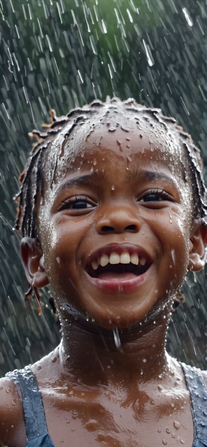  bust view of An African child in a exuberant joyful expression being completely wet under a memerizing heavy splashing rain, extasy, joyful, (wet), raining, (extremely wet face), (extremely wet clothing), dramatic light, she is very detailed in 8K