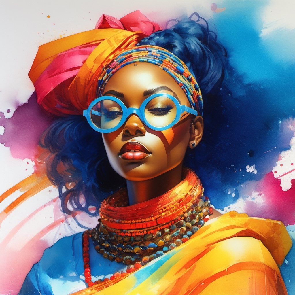 masterpiece, close-up, portrait, african woman, woman,modest,african atire,beads,glasses,beautiful,newlyweds, #crayons, pencil, watercolor, bright saturated colors,8k, RGB, HDR, digital art, buffalo painting, neoclassicism, watercolor, 
artstation trends,
sharp focus, studio photo, intricate details,
Artgerm, Jeremy Mann, Mark Simonetti, Greg Rutkowski, Mandy Disher.,more detail XL