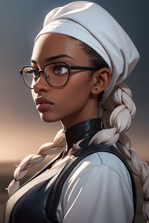(African Nigerian young girl) with white shilloeut skin in futuristic fashion cloth, glasses, long hair, hopeful white skin, african style, african girl, black girl, side view, Portrait, african hand plaited bread, moody expression, prayer mood, Realistic, Hyper realistic, Full detail, 8k, Cinematic shot, Cinematic lighting, Grattifi art,chibi