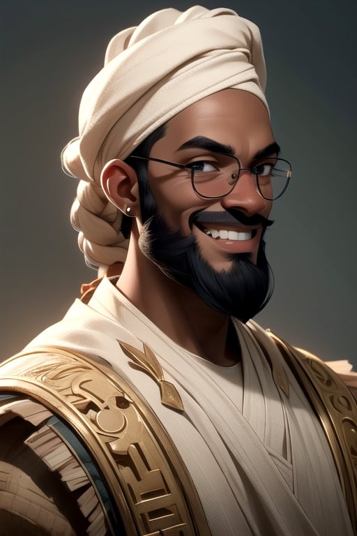 (African Nigerian grown man) with white shilloeut skin in futuristic fashion cloth, full hair, full beard, very long beard, hopeful white skin, african style, african man, black grown man, ((smiling looking at viewers)), smiling, side view, Portrait, african hand plaited braid, aviator googles,moody expression, prayer mood, Realistic, Hyper realistic, Full detail, 8k, Cinematic shot, Cinematic lighting, Grattifi art