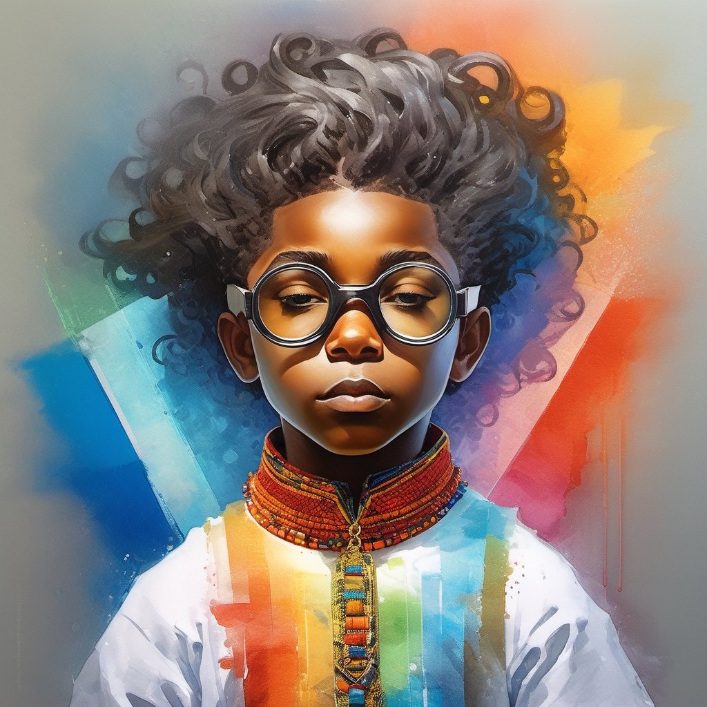 masterpiece, close-up, portrait, african juvenile boy,african boy,african,beads,glasses,handsome,newlyweds, #crayons, pencil, watercolor, bright saturated colors,8k, RGB, HDR, digital art, buffalo painting, neoclassicism, watercolor, 
artstation trends,
sharp focus, studio photo, intricate details,
Artgerm, Jeremy Mann, Mark Simonetti, Greg Rutkowski, Mandy Disher.,more detail XL