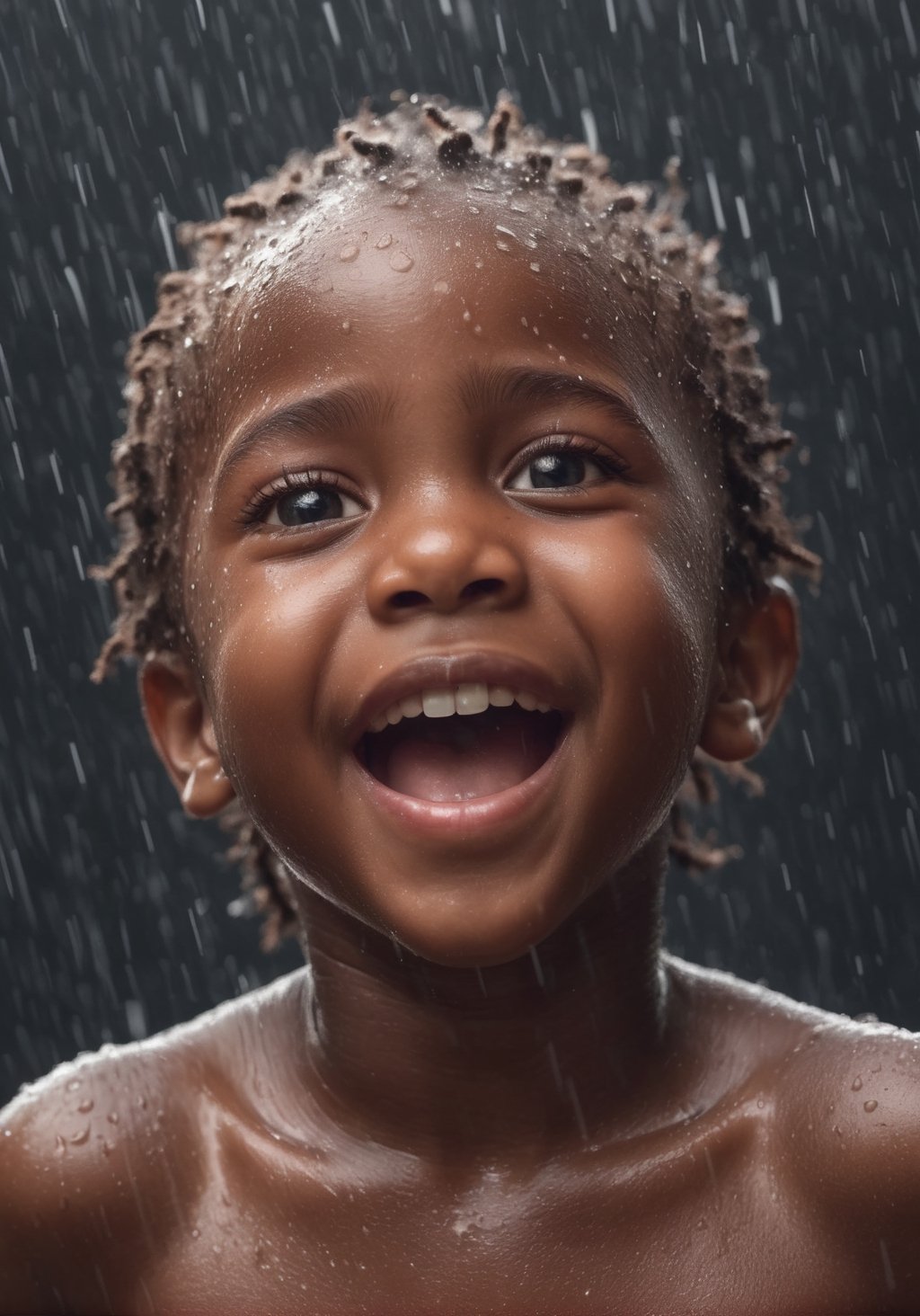 A bust view of An African child in a exuberant joyful expression being completely wet under a memerizing heavy splashing rain, soar, (wet), raining, (extremely wet face), (extremely wet clothing), dramatic light, flash, ultra - realistic wind machine, super wide angel, she is very detailed in 8K