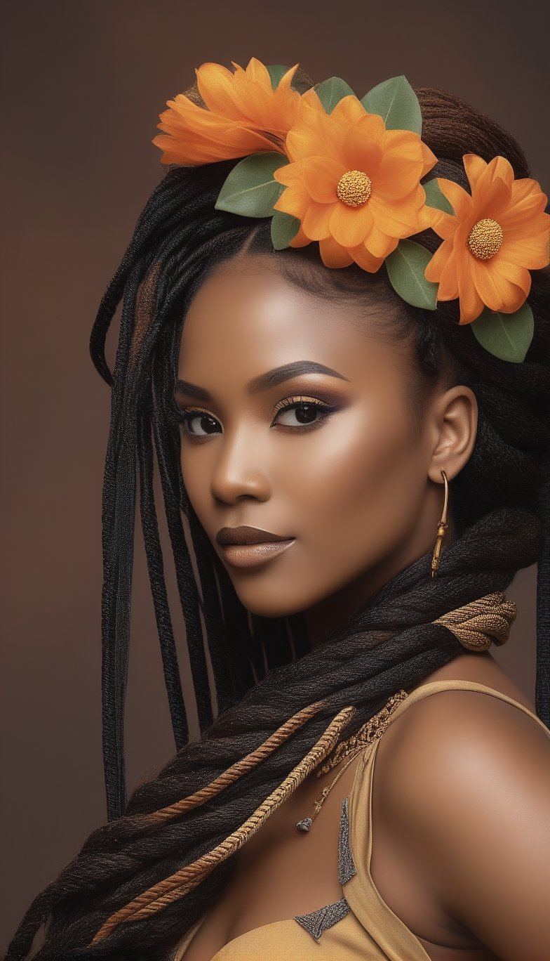  sunset glow, golden ratio, 
 Photorealism, professional portrait photo of a beautiful nigerian Igbo warior princess with flowy hair mixed with very long plaited braids resembling a bouquet of flowers cascading in the wind, she is wearing an intricate warrior's outfit with glowing flowers elements while magestically moving, Side view, studio lighting, work of beauty and complexity, 8kUHD, 
alberto seveso style ,arcane,Leonardo Style,steampunk style,  jr schimidt style,  colorful rendition ,ColorART,  foliage foreground and background ,A girl dancing ,detailmaster2, 35mm digital photography, Ultrarealistic hyperdetailed face , flowery vines background , close-up ,cyborg style