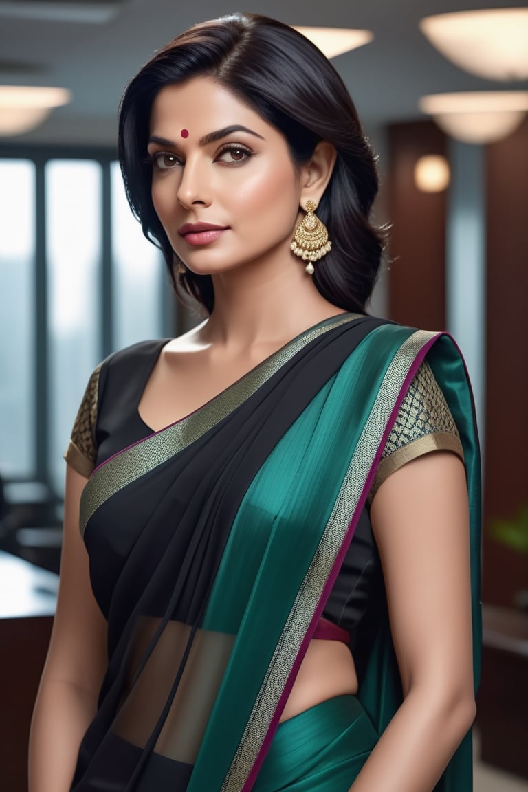 create a hyper realistic vertical photo of Indian most attractive woman in her 40s, Trendsetter wolf cut black hair, trending on artstation, portrait, digital art, modern, sleek, highly detailed, formal, determined, wearing saree, in luxurious office, 36D , fairy tone, fair skin, flirty gaze, anne hathway