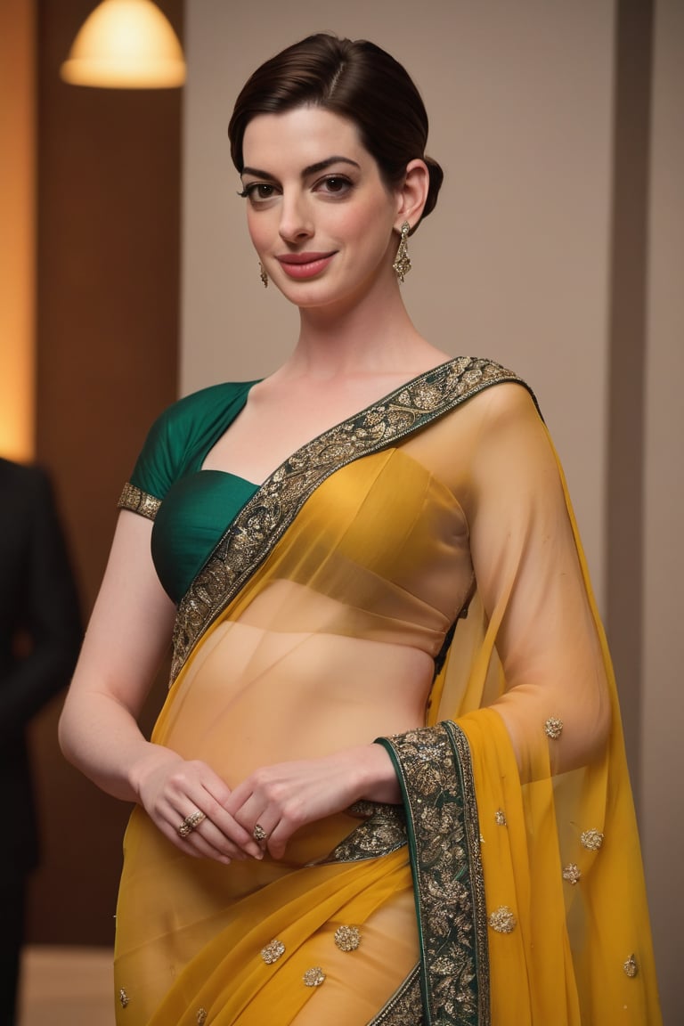 Anne Hathaway poses confidently in a stunning saree, her plus-sized bust accentuated by the flowing fabric. Her navel is subtly showcased as she stands proudly, eyes shining with perfect symmetry. Soft light wraps around her natural skin texture, emphasizing her features. Shot on 8K HDR DSLR camera with Fujifilm XT3, high contrast and cinematic lighting create a dreamy atmosphere, punctuated by subtle film grain.
