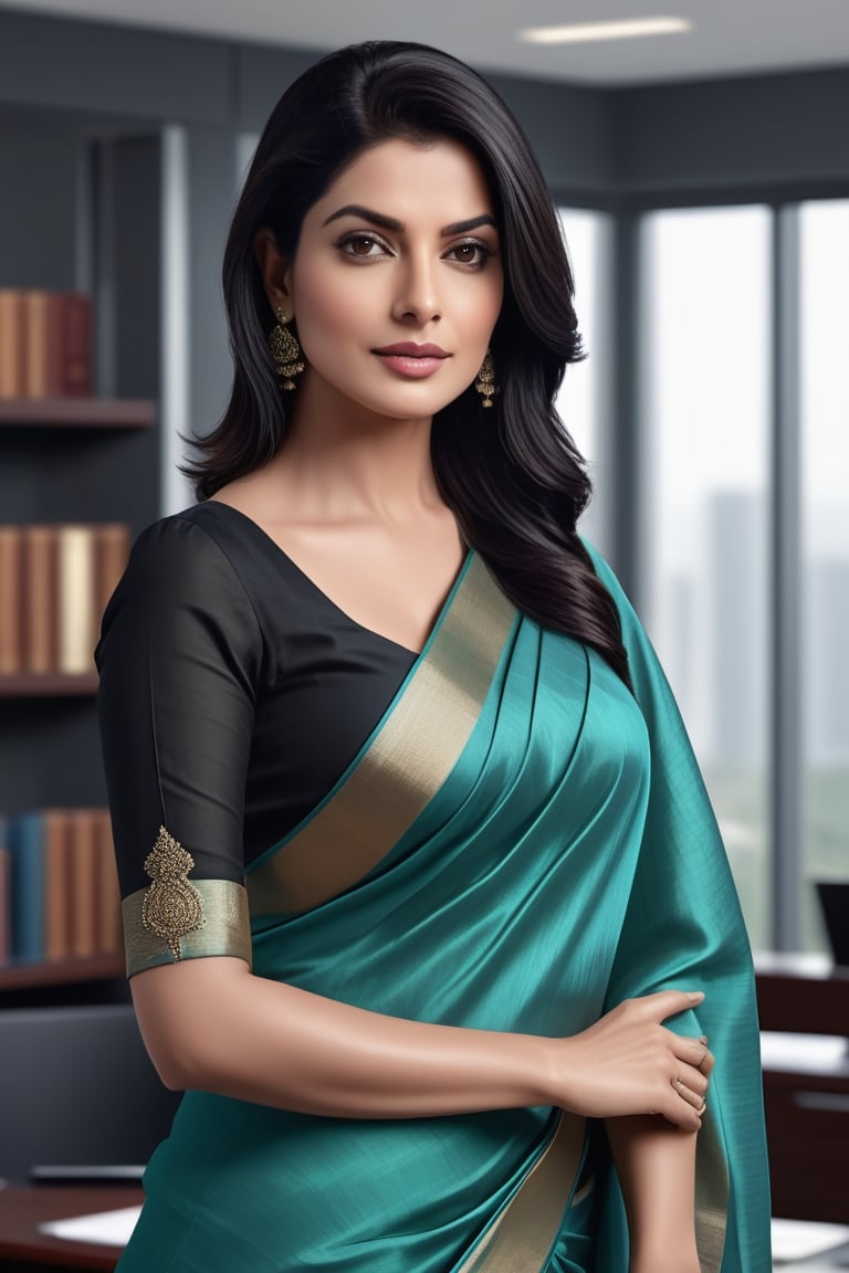 create a hyper realistic vertical photo of Indian most attractive woman in her 40s, Trendsetter wolf cut black hair, trending on artstation, portrait, digital art, modern, sleek, highly detailed, formal, determined, wearing saree, in luxurious office, 36D , fairy tone, fair skin, flirty gaze, anne hathway