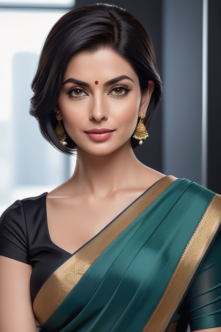 create a hyper realistic vertical photo of Indian most attractive woman in her 40s, Trendsetter wolf cut black hair, trending on artstation, portrait, digital art, modern, sleek, highly detailed, formal, determined, wearing saree, in luxurious office, 36D , fairy tone, fair skin, flirty gaze, anne hathway