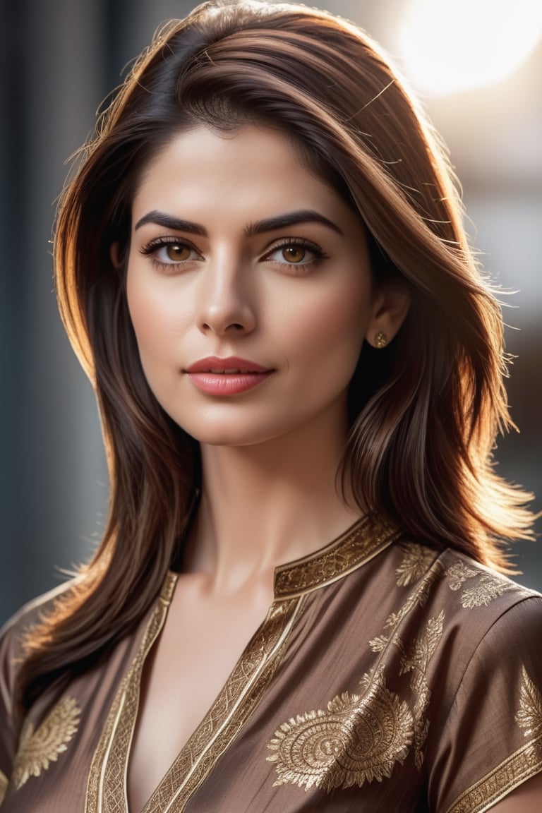 craft a hyper realistic vertical photo of Indian most attractive serious woman in her 30s in sun-shirt Dresses, trending on artstation, portrait, digital art, modern, sleek, highly detailed, formal, serious, determined, CEO, colorized, smooth, charming, pretty, soft smile, soft lips, black eyes, Trendsetter wolf cut brown hair, anne hathway,