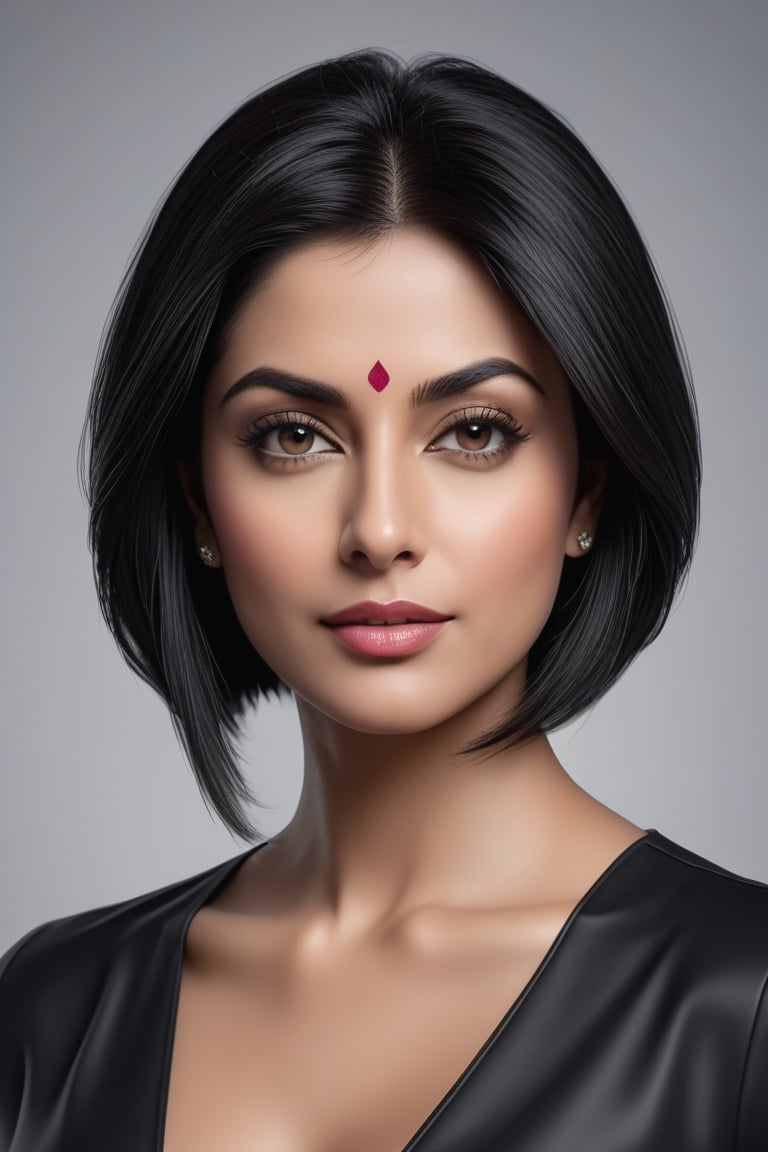 create a hyper realistic vertical photo of Indian most attractive woman in her 40s, Trendsetter wolf cut black hair, trending on artstation, portrait, digital art, modern, sleek, highly detailed, formal, determined, 36D ,  fairy tone,  salman  khan