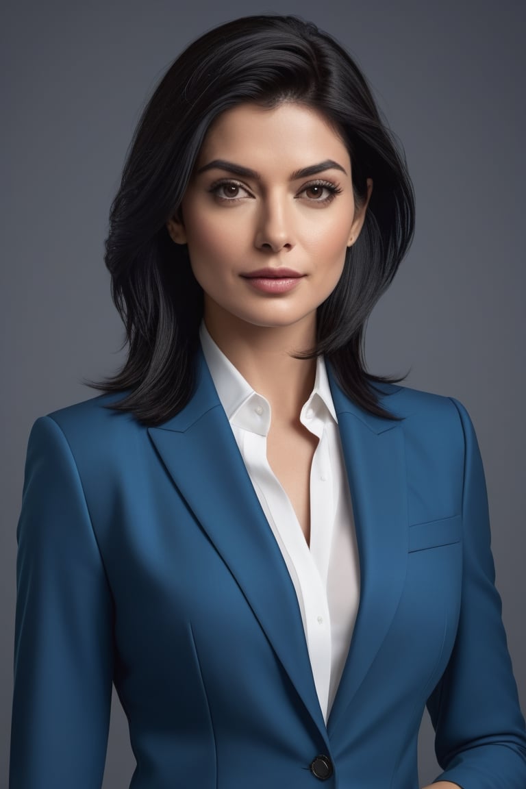 create a hyper realistic vertical photo of Indian most attractive woman in her 40s, Trendsetter wolf cut black hair, , trending on artstation, portrait, digital art, modern, sleek, highly detailed, formal, determined, blue business suit, 36D ,  fairy tone, fair skin, anne hathway
