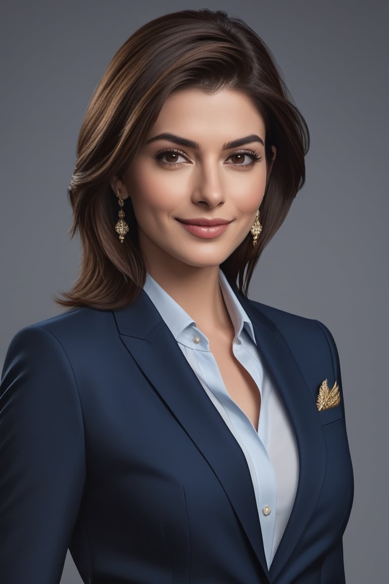 create a hyper realistic vertical photo of Indian most attractive happy woman in her 30s, Trendsetter wolf cut brown hair, trending on artstation, portrait, digital art, modern, sleek, highly detailed, formal, determined, blue business suit, Anne hathway,