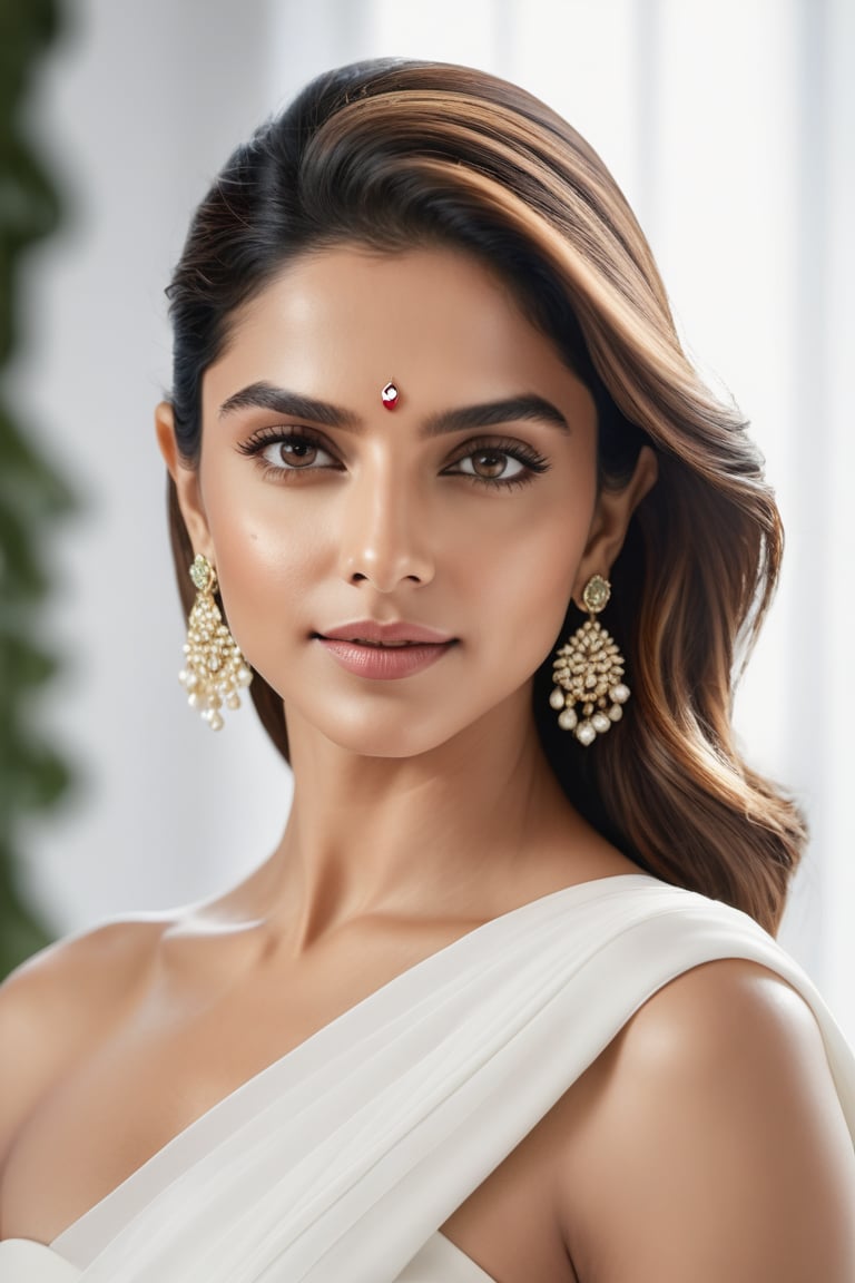 Here's an 8K HDR portrait prompt:

Deepika Padukone stands confidently against a crisp white background, her stunning saree draped elegantly around her curvaceous figure, emphasizing her 36D bust. Soft, diffused light wraps around her face, accentuating the contours of her features with gentle subtlety. Her sparkling symmetric eyes shine with joy, framed by lush lashes and set against a soft, natural skin texture. The subtle film grain reminiscent of Fujifilm XT3's signature aesthetic adds a tactile quality to the image.