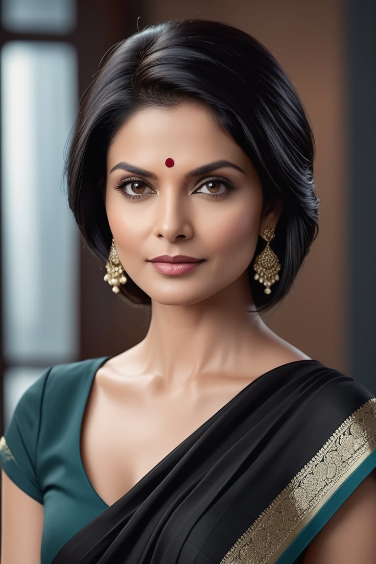 create a hyper realistic vertical photo of Indian most attractive woman in her 40s, Trendsetter wolf cut black hair, trending on artstation, portrait, digital art, modern, sleek, highly detailed, formal, determined, wearing saree, in luxurious office, 36D , fairy tone, fair skin, flirty gaze, Michelle Pfeiffer