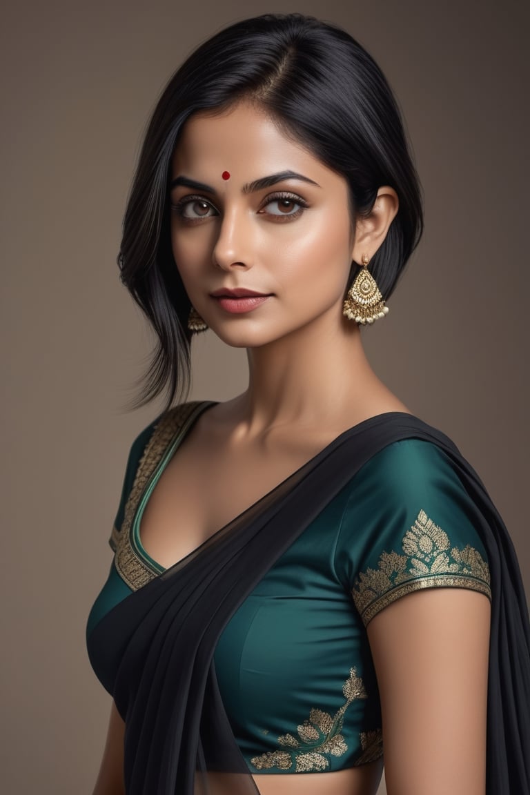 create a hyper realistic vertical photo of most attractive Indian woman in her 40s, Trendsetter wolf cut black hair, trending on artstation, portrait, digital art, modern, sleek, highly detailed, formal, determined, 36D ,  fairy tone, saree, navel show, Willa Holland


