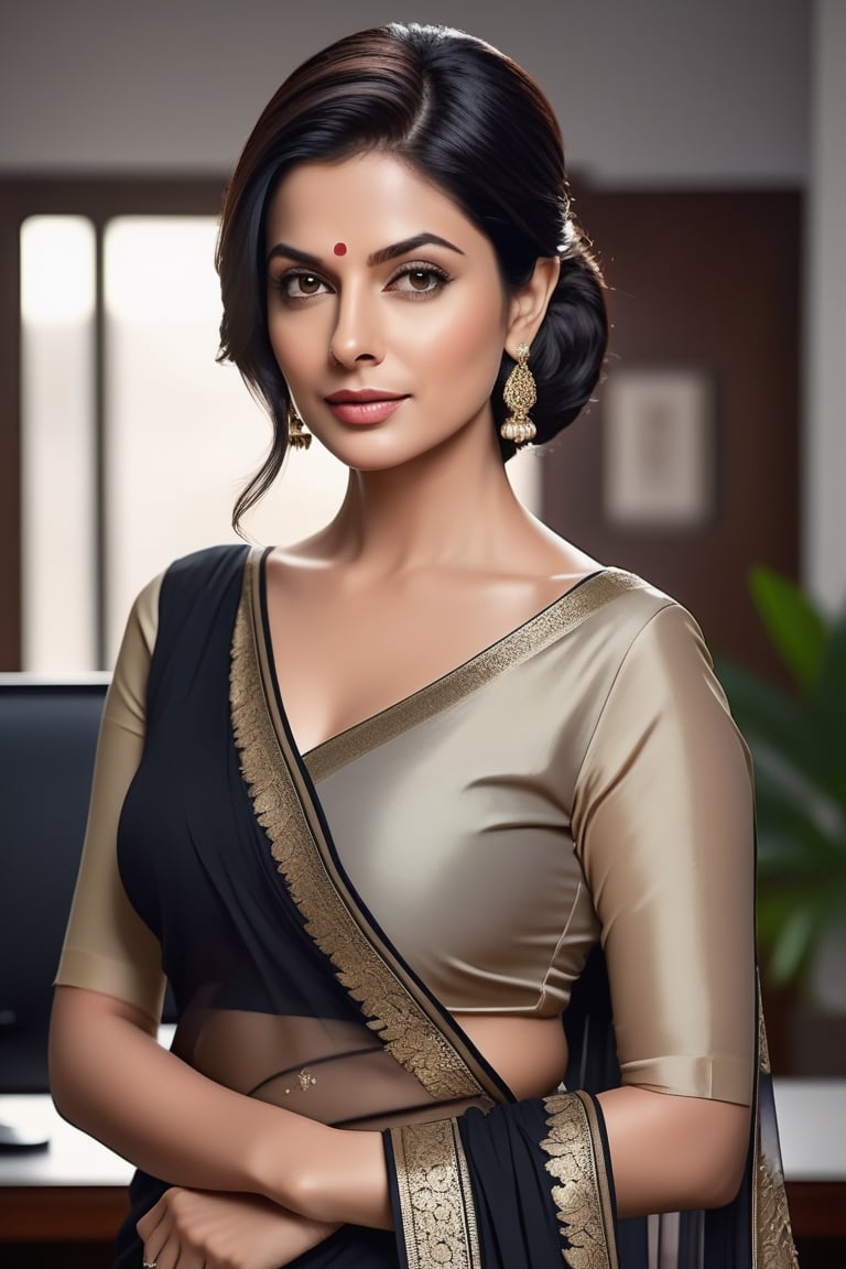 create a hyper realistic vertical photo of Indian most attractive woman in her 40s, Trendsetter wolf cut black hair, trending on artstation, portrait, digital art, modern, sleek, highly detailed, formal, determined, wearing saree, in luxurious office, 36D , fairy tone, fair skin, flirty gaze, anne hathway