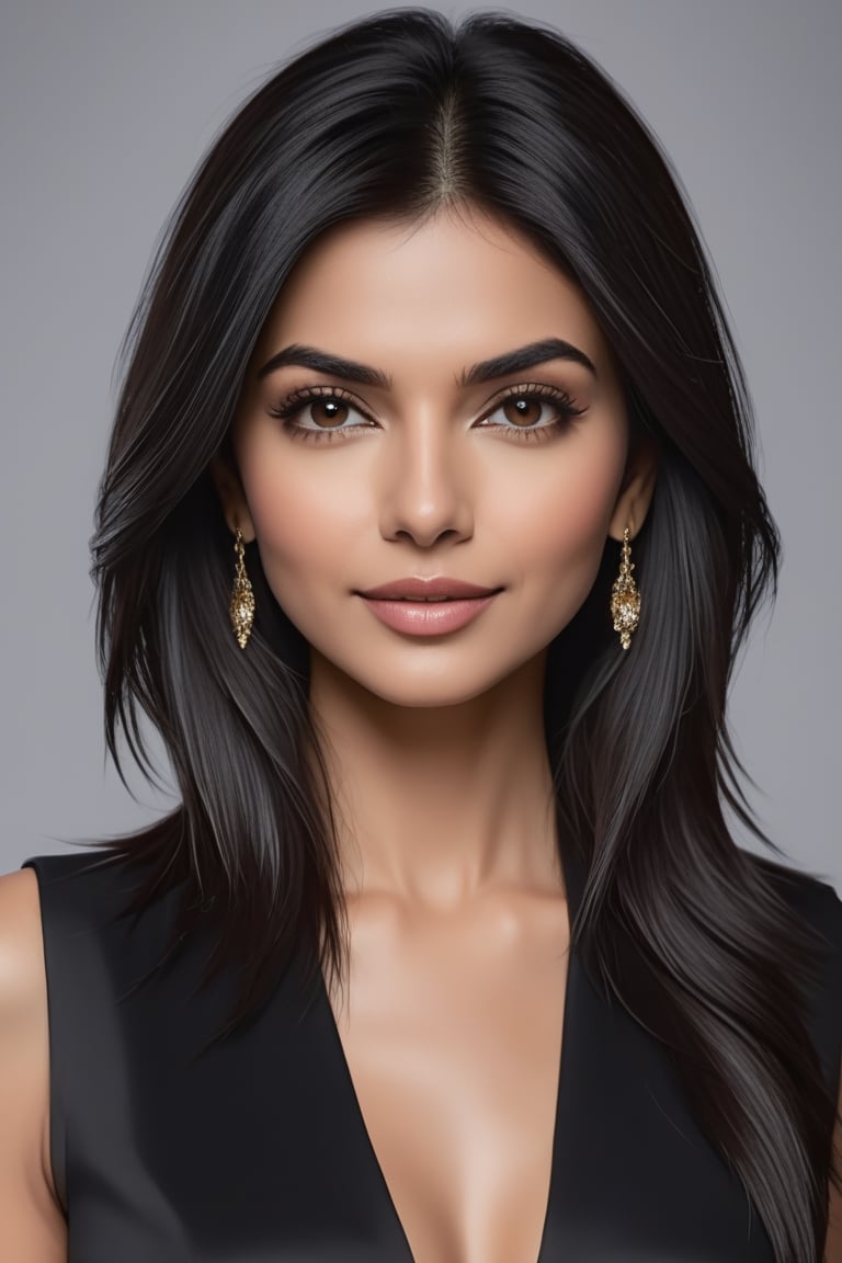 create a hyper realistic vertical photo of most attractive Indian woman in her 40s, Trendsetter wolf cut black hair, trending on artstation, portrait, digital art, modern, sleek, highly detailed, formal, determined, 36D ,  fairy tone, saree, navel show, Victoria Justice


