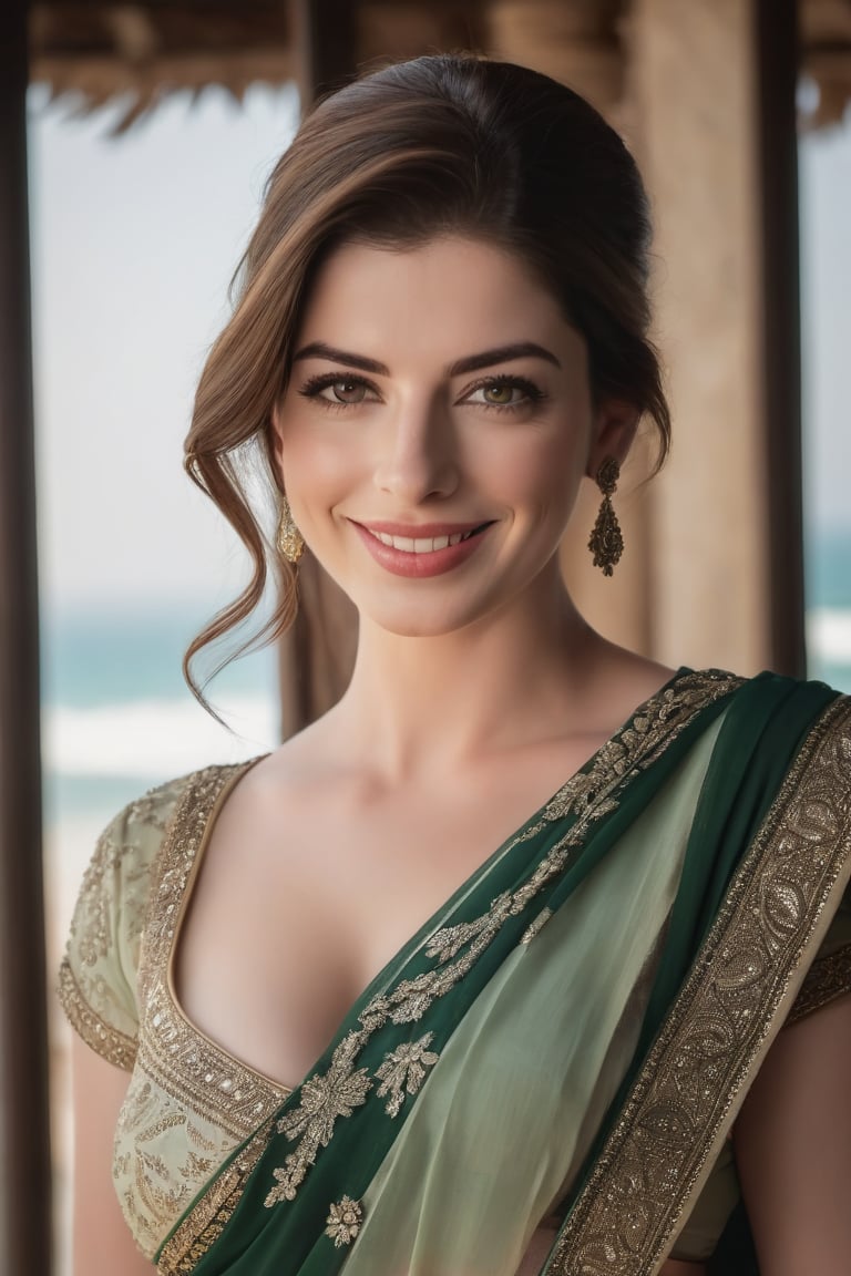 a breathtakingly happy beautiful Lebanon woman Anne hathway, saree, 36D, plus size brest, navel show, perfect symmetric eyes, natural skin texture, hyperrealism, soft light, sharp, 8k hdr, dslr, high contrast, cinematic lighting, high quality, film grain, Fujifilm XT3