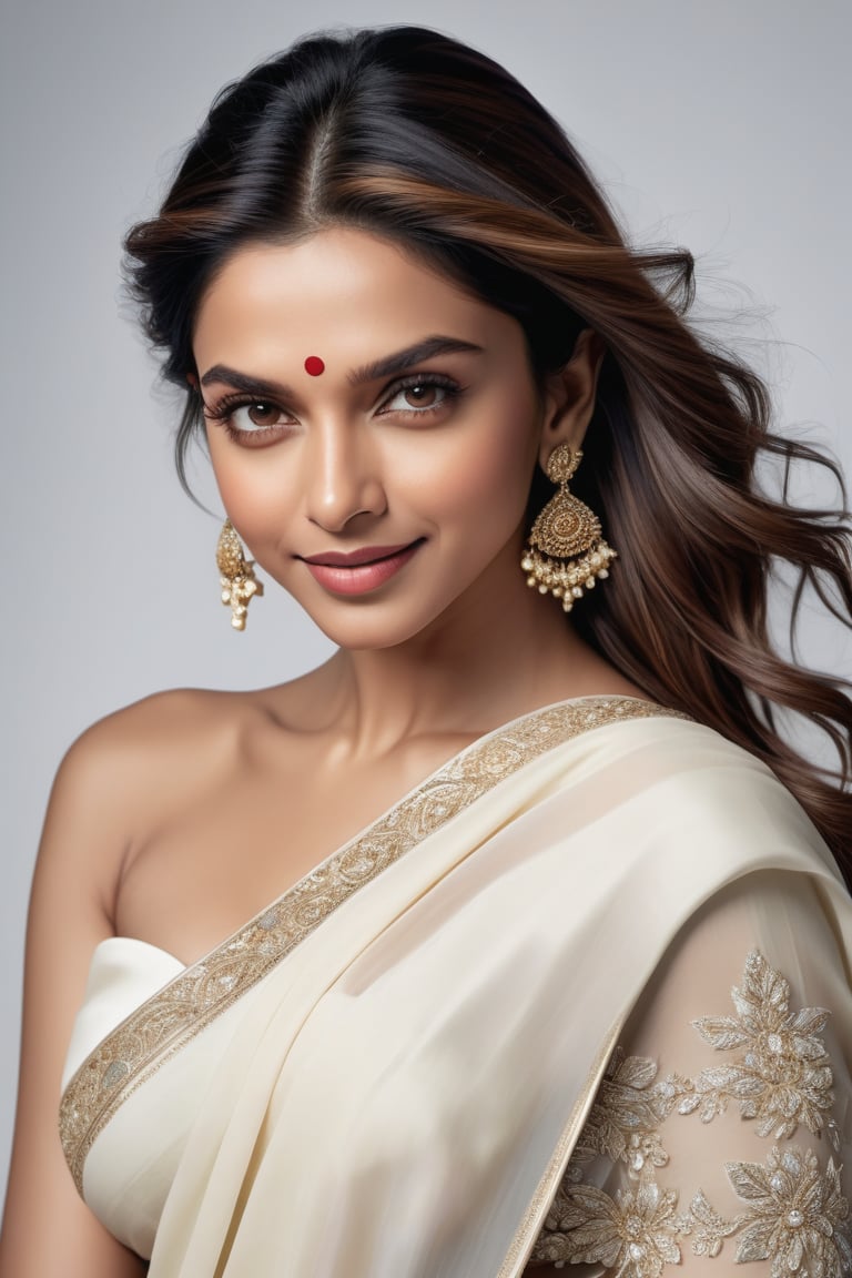 A stunning portrait of Deepika Padukone: a breathtakingly happy Indian woman posing confidently against a clean white background. Her beautiful saree drapes elegantly around her curvy figure, accentuating her 36D bust. Her perfect symmetric eyes sparkle with joy, framed by luscious lashes and set against a soft, natural skin texture. The hyperrealism is so precise that it almost feels three-dimensional. Soft light wraps around her face, highlighting the contours of her features. Shot in 8K HDR on a DSLR camera, the high-contrast image boasts cinematic lighting with subtle film grain, reminiscent of Fujifilm XT3's signature aesthetic.
