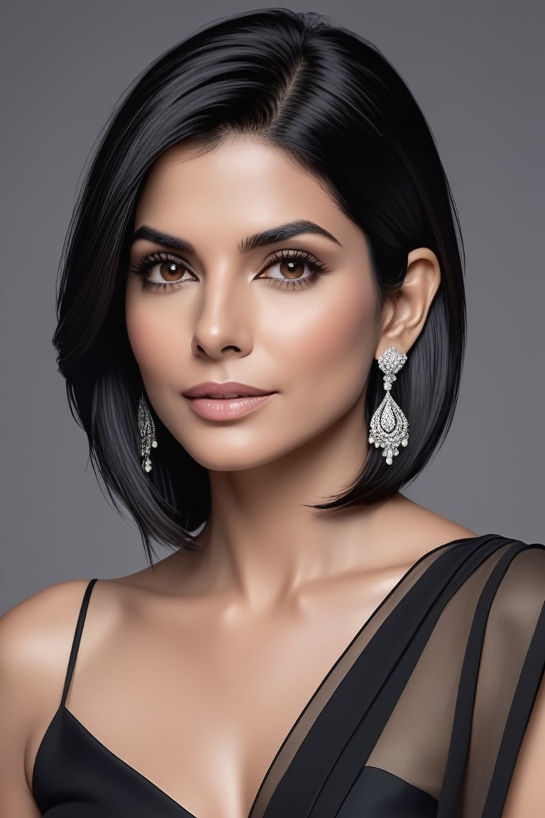 create a hyper realistic vertical photo of Indian most attractive woman in her 30s, Trendsetter wolf cut black hair, trending on artstation, portrait, digital art, modern, sleek, highly detailed, formal, determined, 36D ,  fairy tone, black transparent saree,  Sandra Bullock


