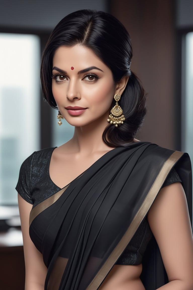 create a hyper realistic vertical photo of Indian most attractive woman in her 40s, Trendsetter wolf cut black hair, trending on artstation, portrait, digital art, modern, sleek, highly detailed, formal, determined, wearing saree, in luxurious office, 36D , fairy tone, fair skin, flirty gaze, anne hathway