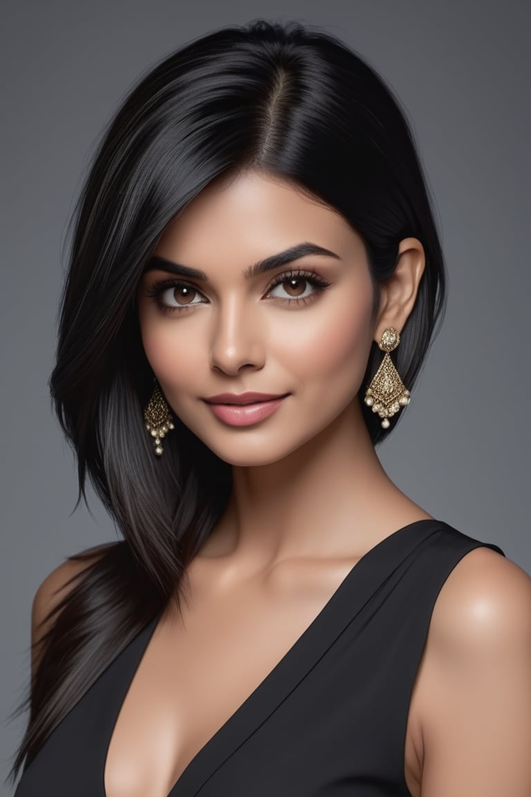 create a hyper realistic vertical photo of most attractive Indian woman in her 40s, Trendsetter wolf cut black hair, trending on artstation, portrait, digital art, modern, sleek, highly detailed, formal, determined, 36D ,  fairy tone, saree, navel show, Victoria Justice


