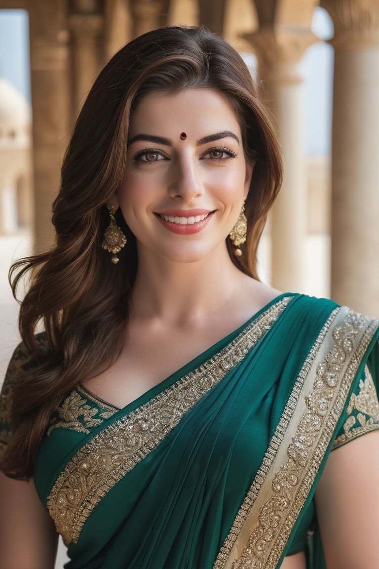 a breathtakingly happy beautiful Lebanon woman Anne hathway, saree, 36D, plus size brest, navel show, perfect symmetric eyes, natural skin texture, hyperrealism, soft light, sharp, 8k hdr, dslr, high contrast, cinematic lighting, high quality, film grain, Fujifilm XT3