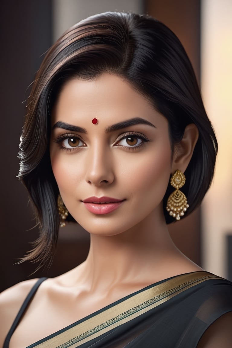 create a hyper realistic vertical photo of Indian most attractive woman in her 40s, Trendsetter wolf cut black hair, trending on artstation, portrait, digital art, modern, sleek, highly detailed, formal, determined, wearing saree, in luxurious office, 36D , fairy tone, fair skin, flirty gaze, anne hathway