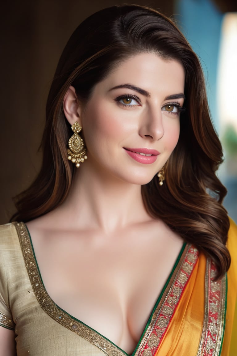 a breathtakingly happy beautiful Lebanon woman Anne hathway, saree, 36D, plus size brest, navel show, perfect symmetric eyes, natural skin texture, hyperrealism, soft light, sharp, 8k hdr, dslr, high contrast, cinematic lighting, high quality, film grain, Fujifilm XT3