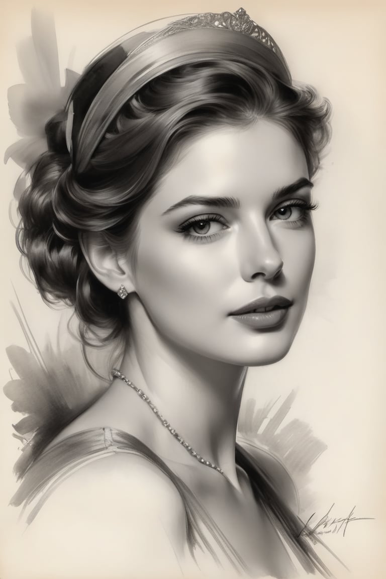 portrait of a beautiful Russian woman, Anne hathway, Harrison Fisher, charcoal art, black charcoal
on antique paper, intricate details, ultra high quality model, masterpiece, sharp focus, depth of field, unreal engine