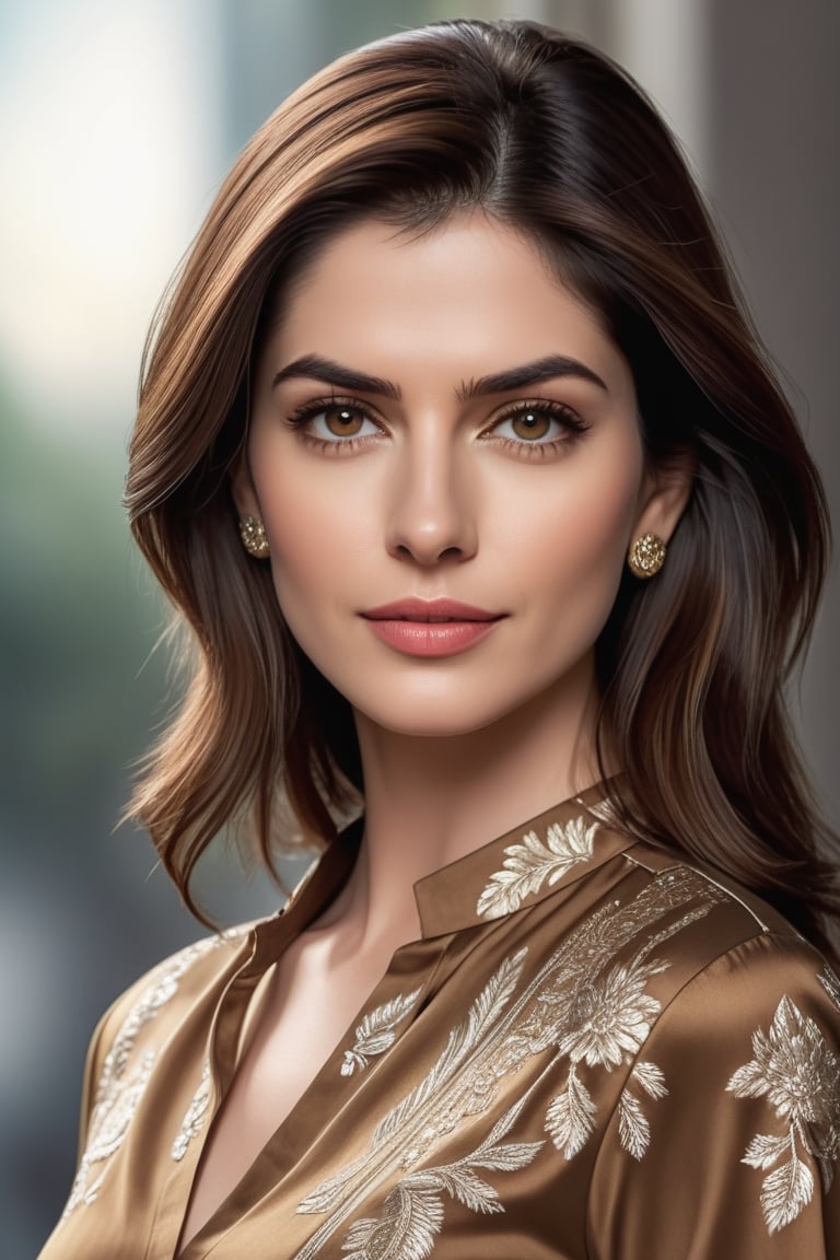 craft a hyper realistic vertical photo of Indian most attractive serious woman in her 30s in sun-shirt Dresses, trending on artstation, portrait, digital art, modern, sleek, highly detailed, formal, serious, determined, CEO, colorized, smooth, charming, pretty, soft smile, soft lips, black eyes, Trendsetter wolf cut brown hair, anne hathway,