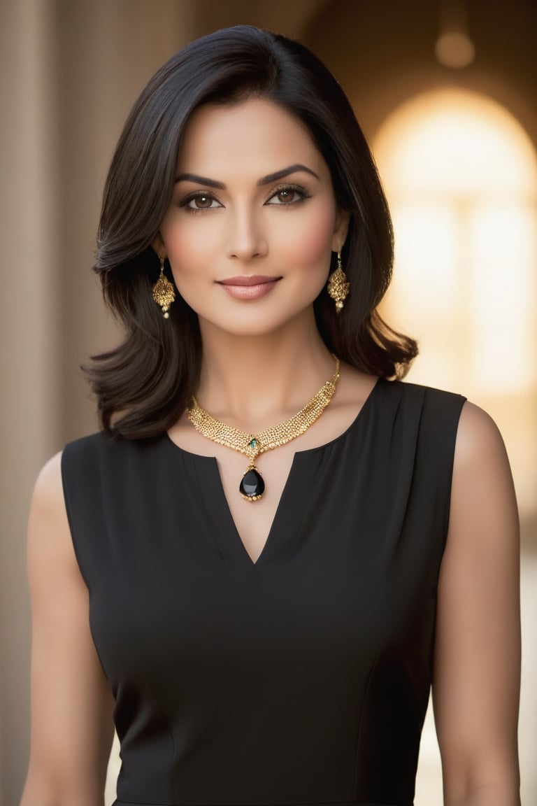 A stately American woman, mid-40s, stands confidently against a soft-focus background, radiating poise and authority. Pale light casts a flattering glow on her face, accentuating striking features. She wears a sleek black salwar kameez, its simplicity highlighting her stunning figure. A chin-length bob frames her heart-shaped face, drawing attention to captivating eyes - like polished onyx, they sparkle with intensity. Her soft lips curve into a subtle smile, hinting at knowing confidence. Golden light dances across features, infusing smooth, unlined skin with gentle warmth. A delicate necklace adds understated elegance. She stands tall, her black eyes seeming to bore into the camera lens, exuding determination and leadership.