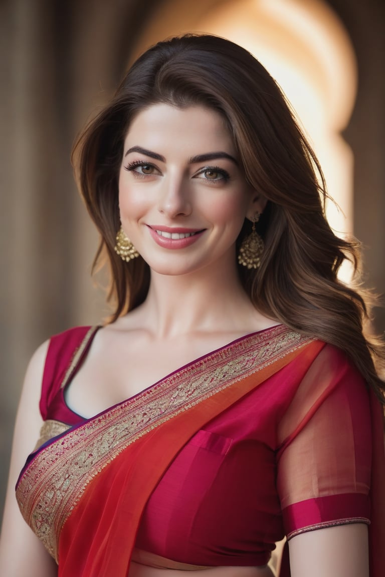 a breathtakingly happy beautiful Lebanon woman Anne hathway, saree, 36D, plus size brest, navel show, perfect symmetric eyes, natural skin texture, hyperrealism, soft light, sharp, 8k hdr, dslr, high contrast, cinematic lighting, high quality, film grain, Fujifilm XT3